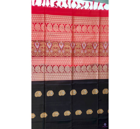 Black Kanchipuram soft silk saree with contrast Red pallu 