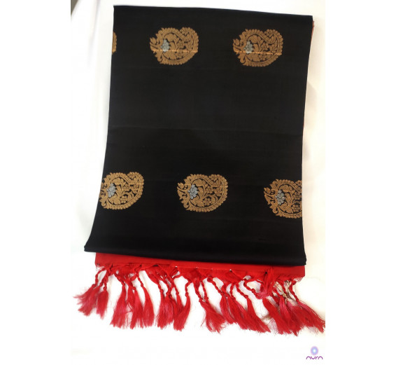 Black Kanchipuram soft silk saree with contrast Red pallu 