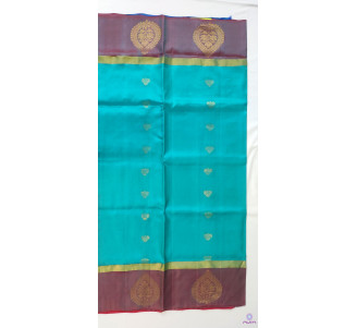 Blue aqua Kanchipuram soft silk saree with contrast rich red pallu