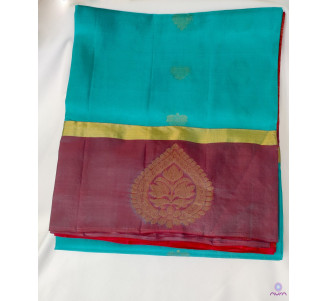 Blue aqua Kanchipuram soft silk saree with contrast rich red pallu