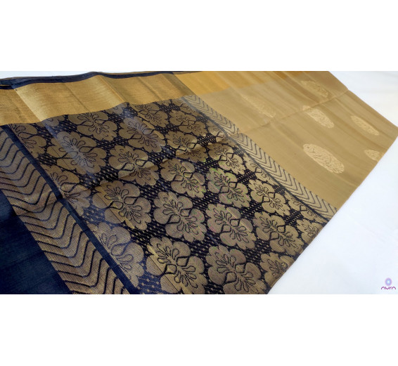 Golden Kanchipuram silk saree with contrast grey pallu