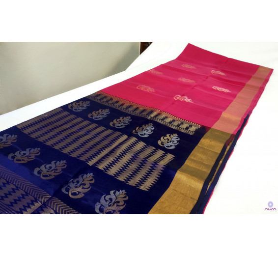 Pink Kanchipuram silk saree with contrast blue pallu