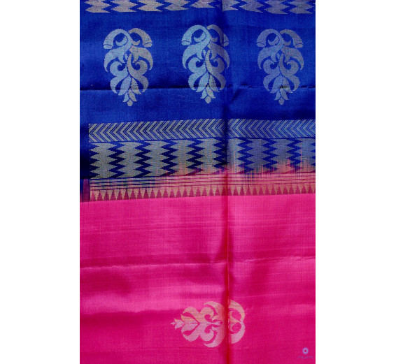 Pink Kanchipuram silk saree with contrast blue pallu